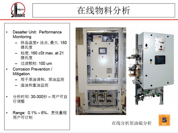 在線原油硫分析儀：可用于原油調(diào)和、原油監(jiān)測(cè)；渣油和重油監(jiān)測(cè)，分  析時(shí)間：30-300秒，用戶可自行調(diào)整；Range:0.1%-0.6%