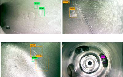 AI智能識別系統(tǒng)內(nèi)窺鏡損傷自動識別示例：裂縫、缺損、腐蝕、嚴重積碳、凹陷等