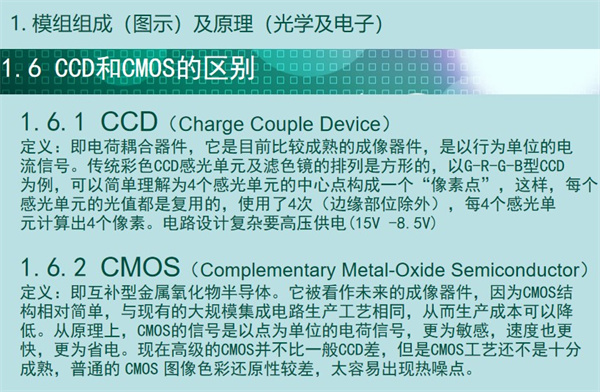 內窺鏡成像模組CCD和CMOS的區別：CCD（Charge Couple Device） 定義：即電荷耦合器件，它是目前比較成熟的成像器件，是以行為單位的電 流信號。傳統彩色CCD感光單元及濾色鏡的排列是方形的，以G-R-G-B型CCD 為例，可以簡單理解為4個感光單元的中心點構成一個“像素點”，這樣，每個 感光單元的光值都是復用的，使用了4次（邊緣部位除外），每4個感光單 元計算出4個像素。電路設計復雜要高壓供電(15V -8.5V)  CMOS（Complementary Metal-Oxide Semiconductor） 定義：即互補型金屬氧化物半導體。它被看作未來的成像器件，因為CMOS結 構相對簡單，與現有的大規模集成電路生產工藝相同，從而生產成本可以降 低。從原理上，CMOS的信號是以點為單位的電荷信號，更為敏感，速度也更 快，更為省電。現在高級的CMOS并不比一般CCD差，但是CMOS工藝還不是十分 成熟，普通的 CMOS 圖像色彩還原性較差，太容易出現熱噪點。
